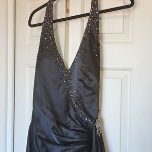 Cinderella #9035 Black Satin Crystal Embellished Halter Gown NWT